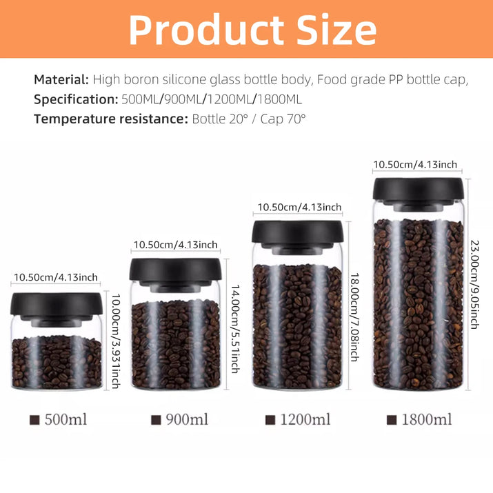 Glass jars with black lids containing coffee beans, showing different sizes.