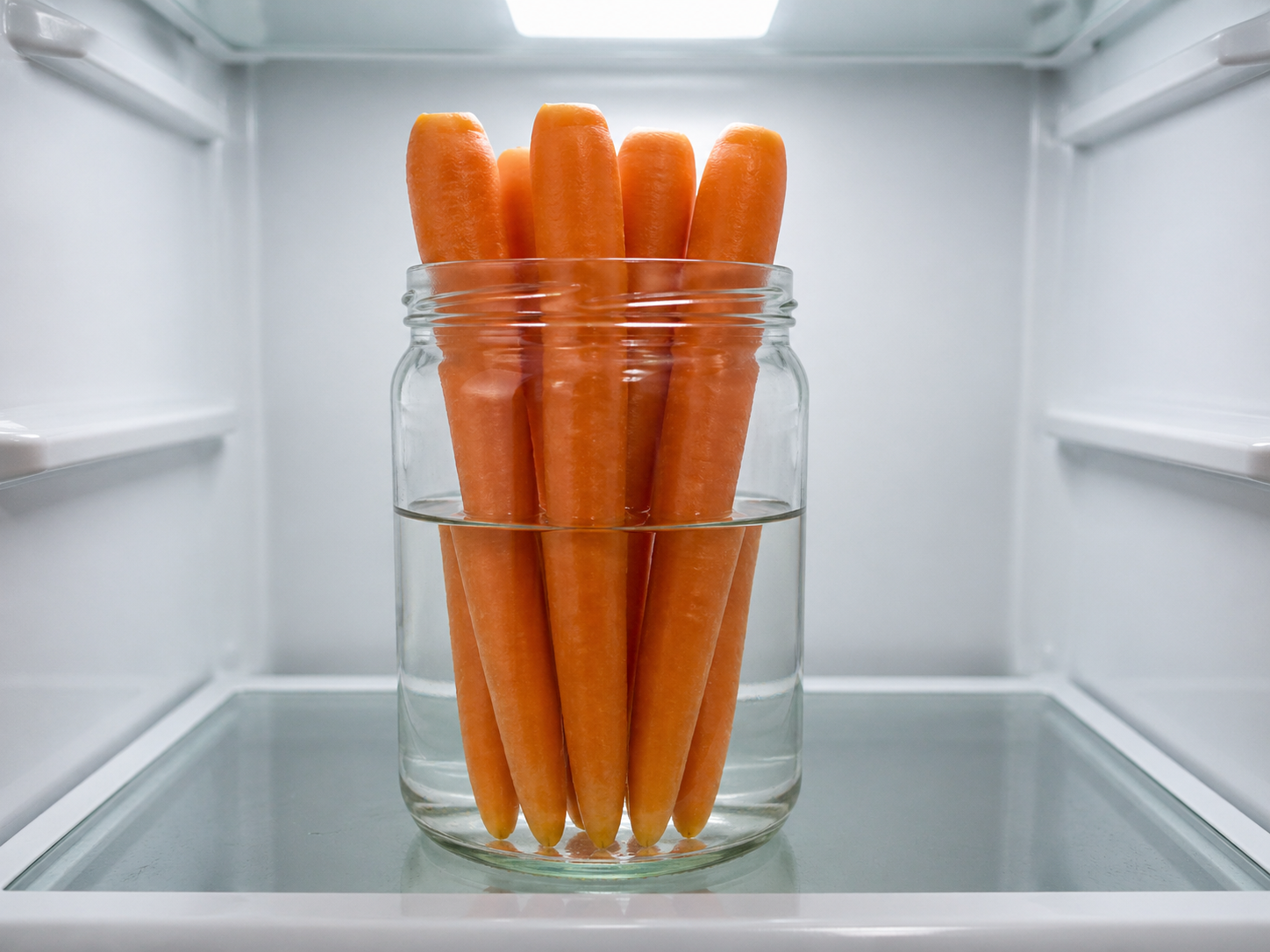 Whole carrots submerged in glass jar of water inside fridge for 5 week storage