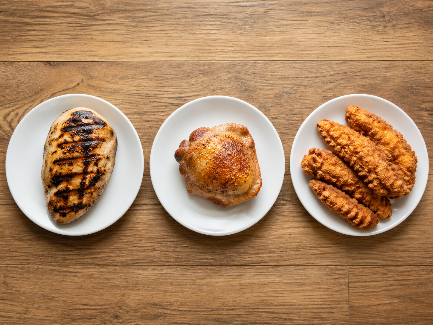 Three healthy chicken cooking methods grilled baked and air fried side by side
