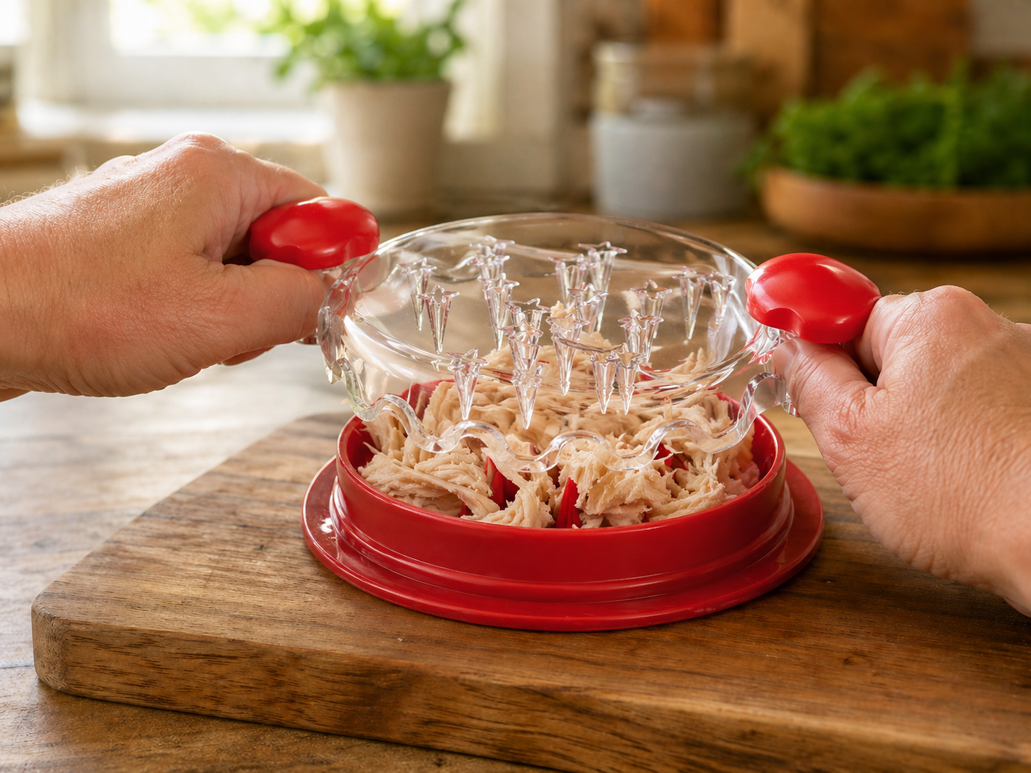 Chicken shredder tool processing batch of cooked chicken into pulled meat for meal prep