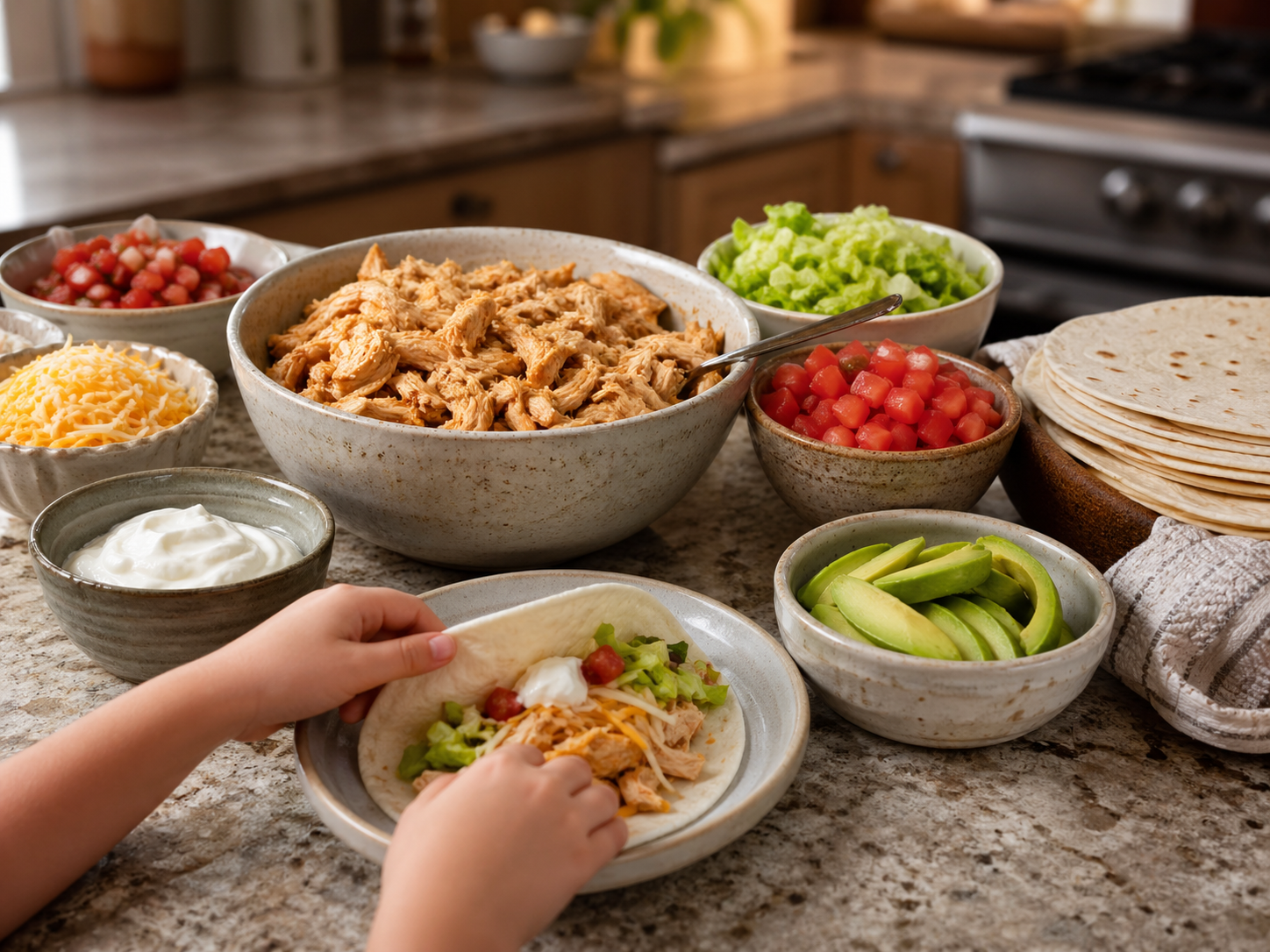 Family chicken tacos bar with shredded chicken toppings for kids and adults