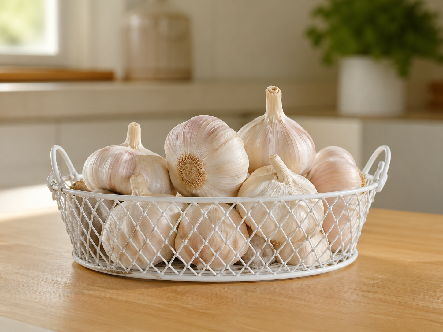 Whole garlic heads stored in mesh basket on counter for long term freshness