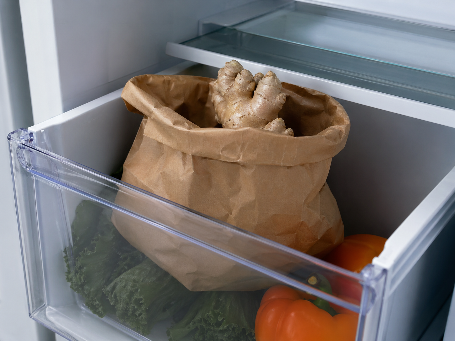 Fresh ginger root in unsealed paper bag inside fridge crisper drawer