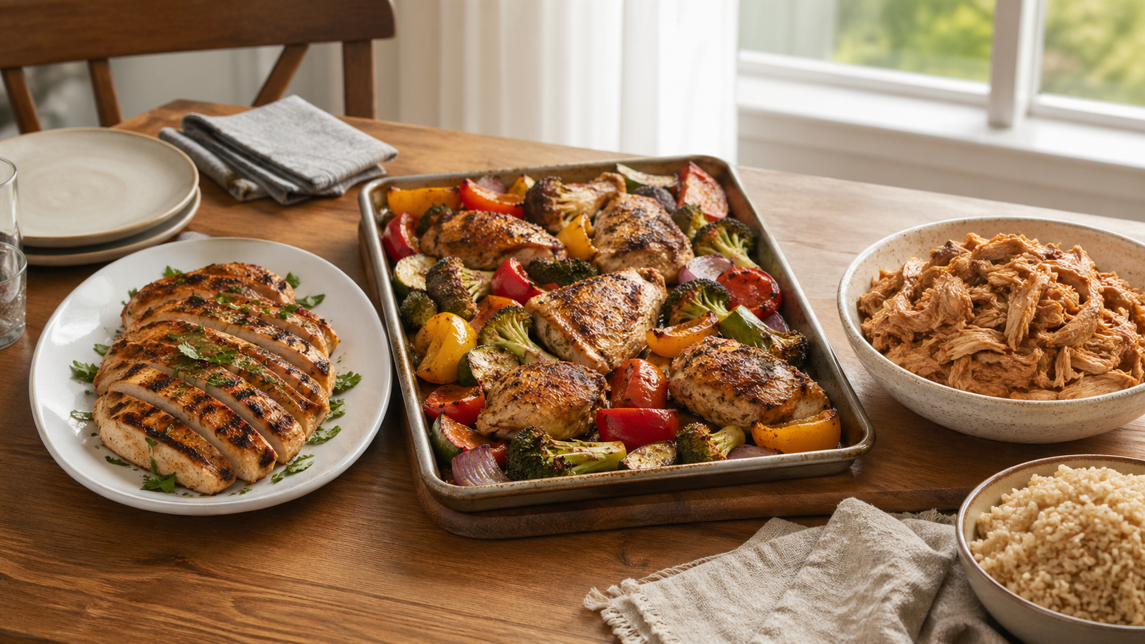 Healthy chicken dinner recipes with grilled breast vegetables and rice on family table