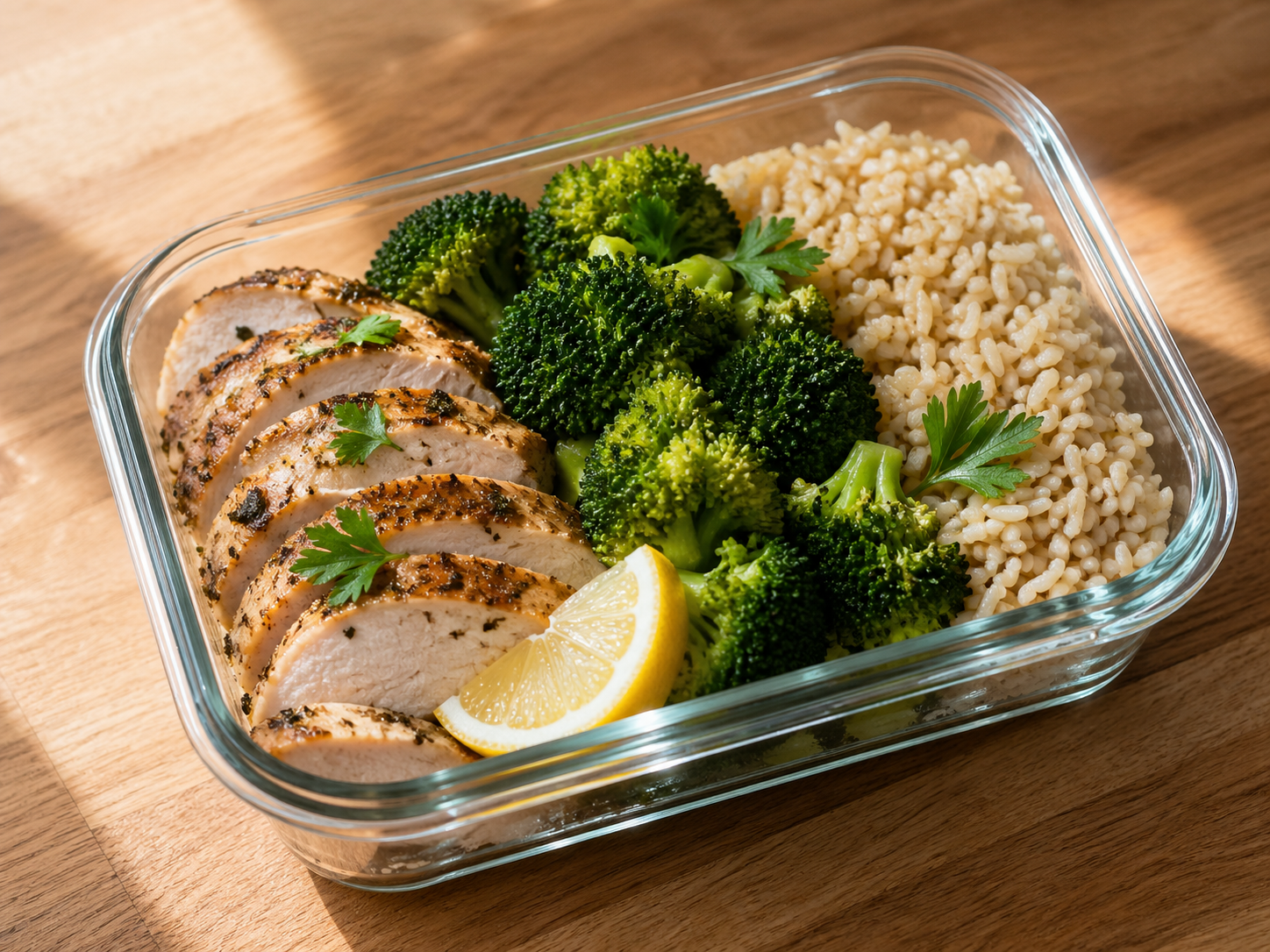 Lemon herb baked chicken breast meal prep with fresh herbs and steamed vegetables