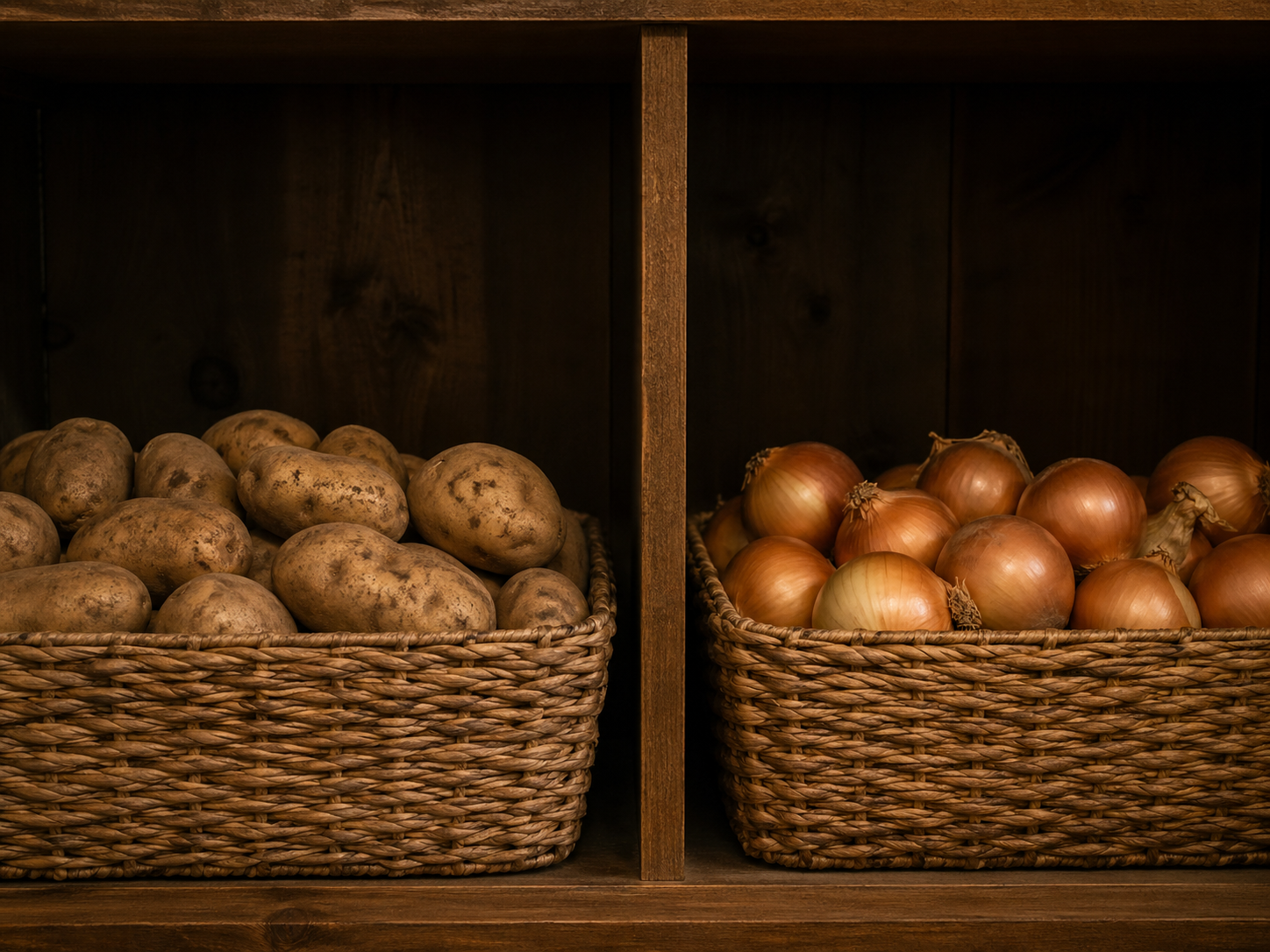 Potatoes and onions stored separately in different pantry bins to prevent rot