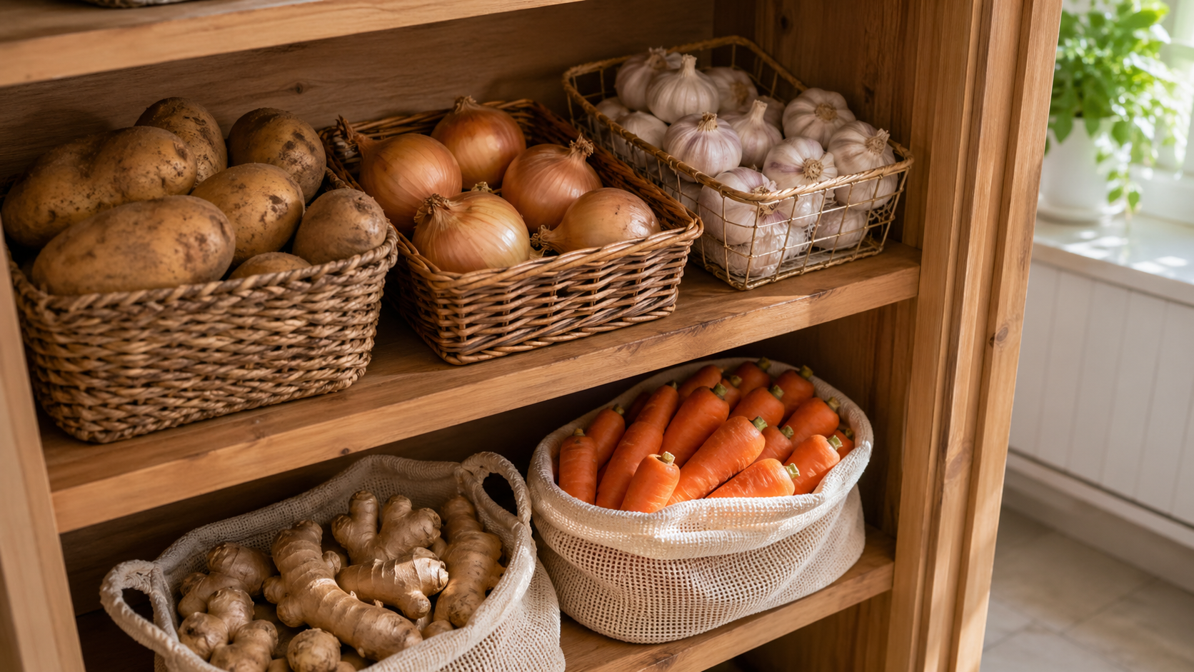 Root vegetables potatoes onions garlic ginger carrots organized in pantry storage bins